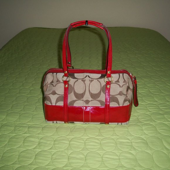 Coach Brown Signature Canvas with Red Patent Leather Bag with Wristlet/Wallet - Picture 5 of 16